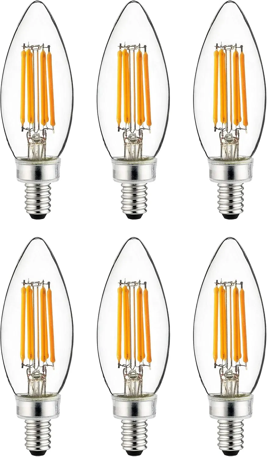 Sunlite 40956 LED B11 Filament Style Chandelier Light Bulb Torpedo Tip 5 Watts (60 W Equivalent) Dimmable, 600 Lumens, Candelabra E12 Base, UL Listed, 6 Pack, 30K-Warm White