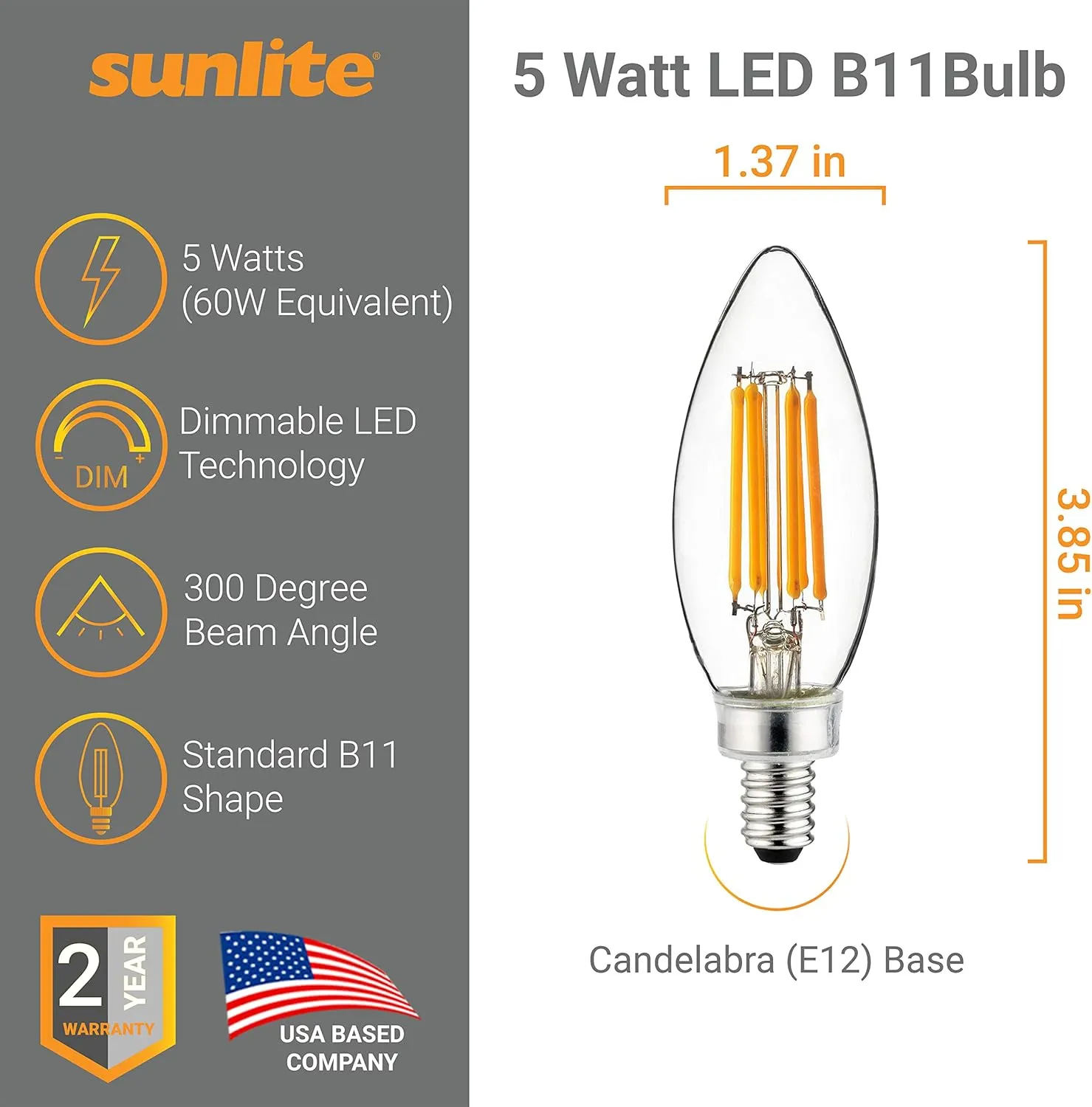 Sunlite 40956 LED B11 Filament Style Chandelier Light Bulb Torpedo Tip 5 Watts (60 W Equivalent) Dimmable, 600 Lumens, Candelabra E12 Base, UL Listed, 6 Pack, 30K-Warm White