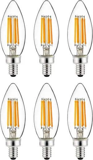 Sunlite 40956 LED B11 Filament Style Chandelier Light Bulb Torpedo Tip 5 Watts (60 W Equivalent) Dimmable, 600 Lumens, Candelabra E12 Base, UL Listed, 6 Pack, 30K-Warm White