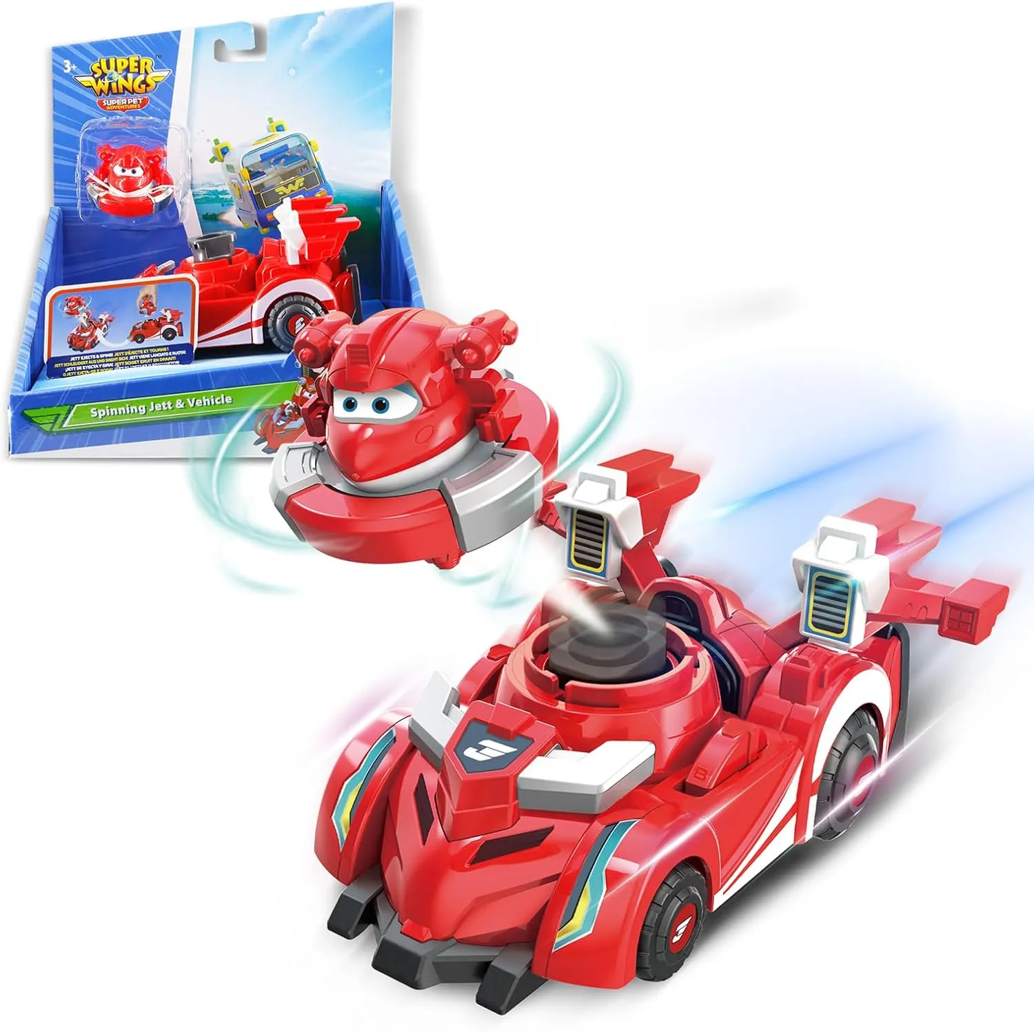 Super Wings Race Car Toys, 5 in Jett Spinning Tops and Race Car Toys for Kids, 2-in-1 Mode Vehicle Toys Cars for 3 4 5 6 7 8 Year Old Boys