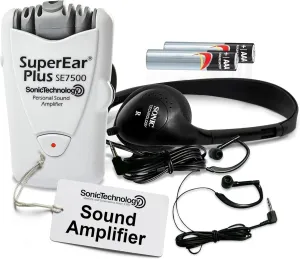 SuperEar Personal Sound Amplifier, Pocket Sound Amplifier, Headphones & Discreet Earbuds w/Auto Shut Off & Case, On/Off Volume Control, Increased Audio for Seniors, Adults, & Elderly - Plus SE7500