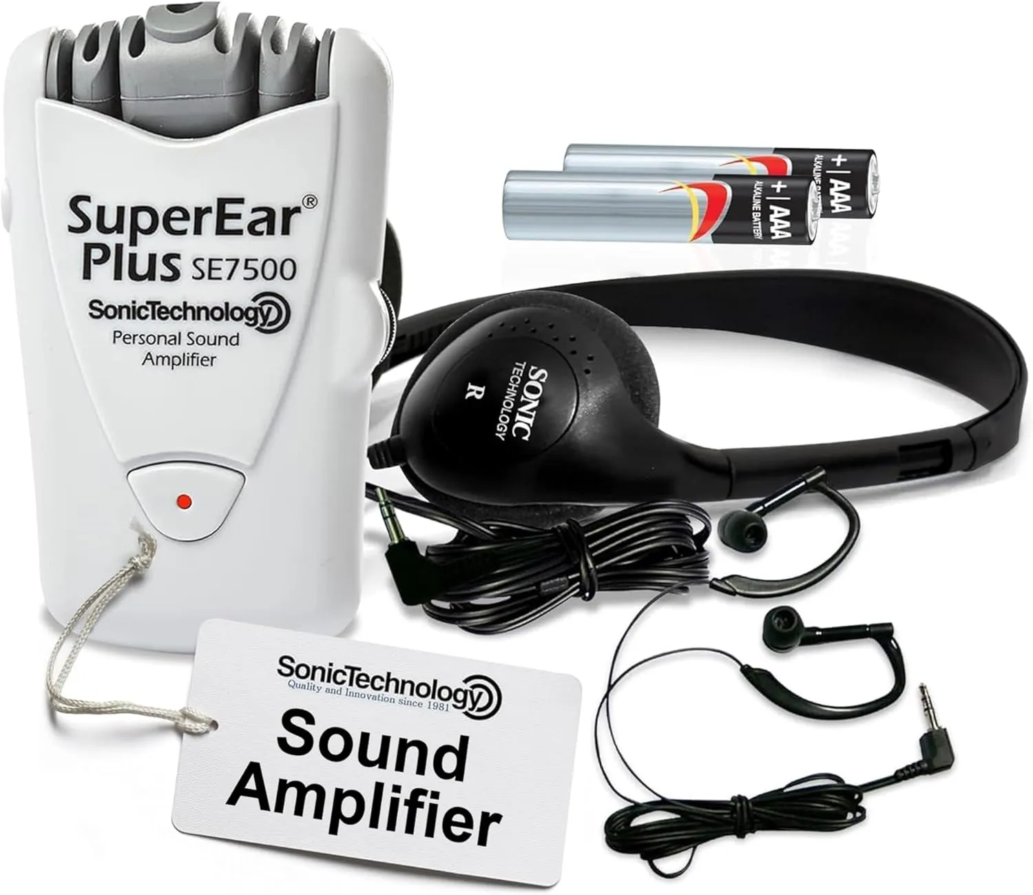 SuperEar Personal Sound Amplifier, Pocket Sound Amplifier, Headphones & Discreet Earbuds w/Auto Shut Off & Case, On/Off Volume Control, Increased Audio for Seniors, Adults, & Elderly - Plus SE7500