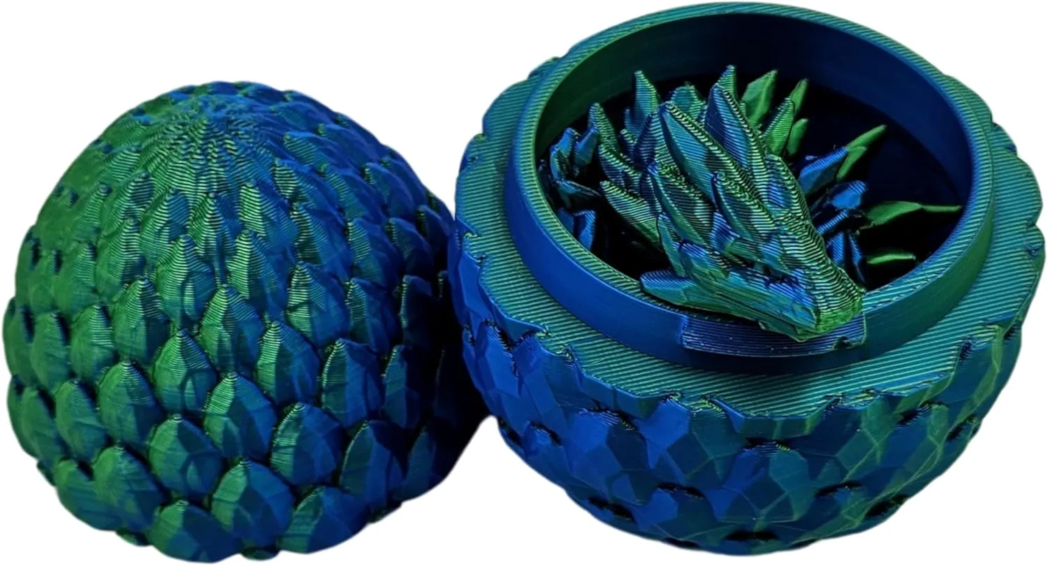 Surprise Dragon Egg Articulating Gemstone Dragon Fidget Figurine - 3D Printed Dragons Flexible ADHD, Autism, Relief Anxiety - Articulated Joints (Blue Green Silk)