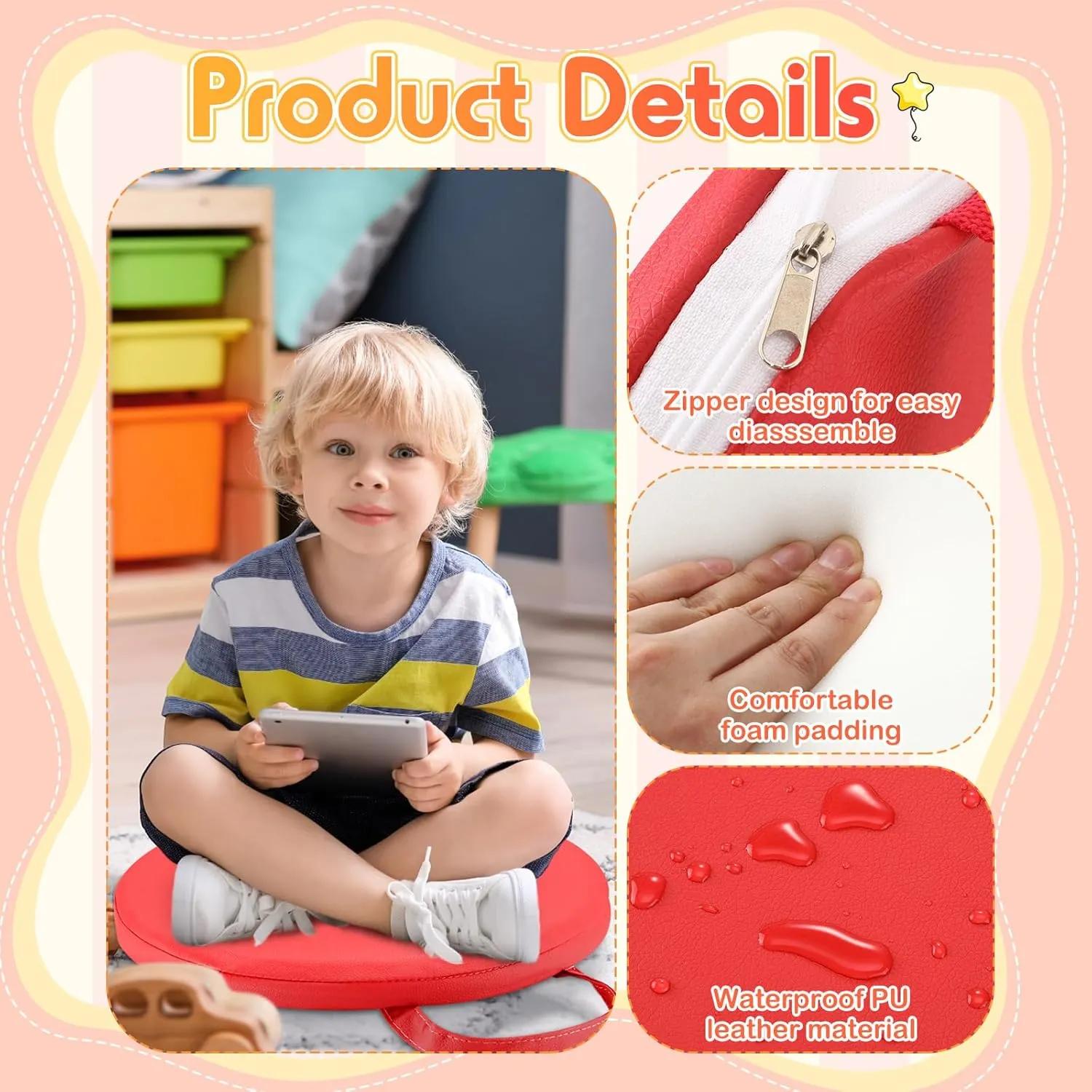 Suzile 12 Pcs 12'' Floor Cushions for Classroom Flexible Floor Seating with Handles Classroom Carpet Cushions for Kids Toddlers Daycare Preschool Furniture(Red,Round)