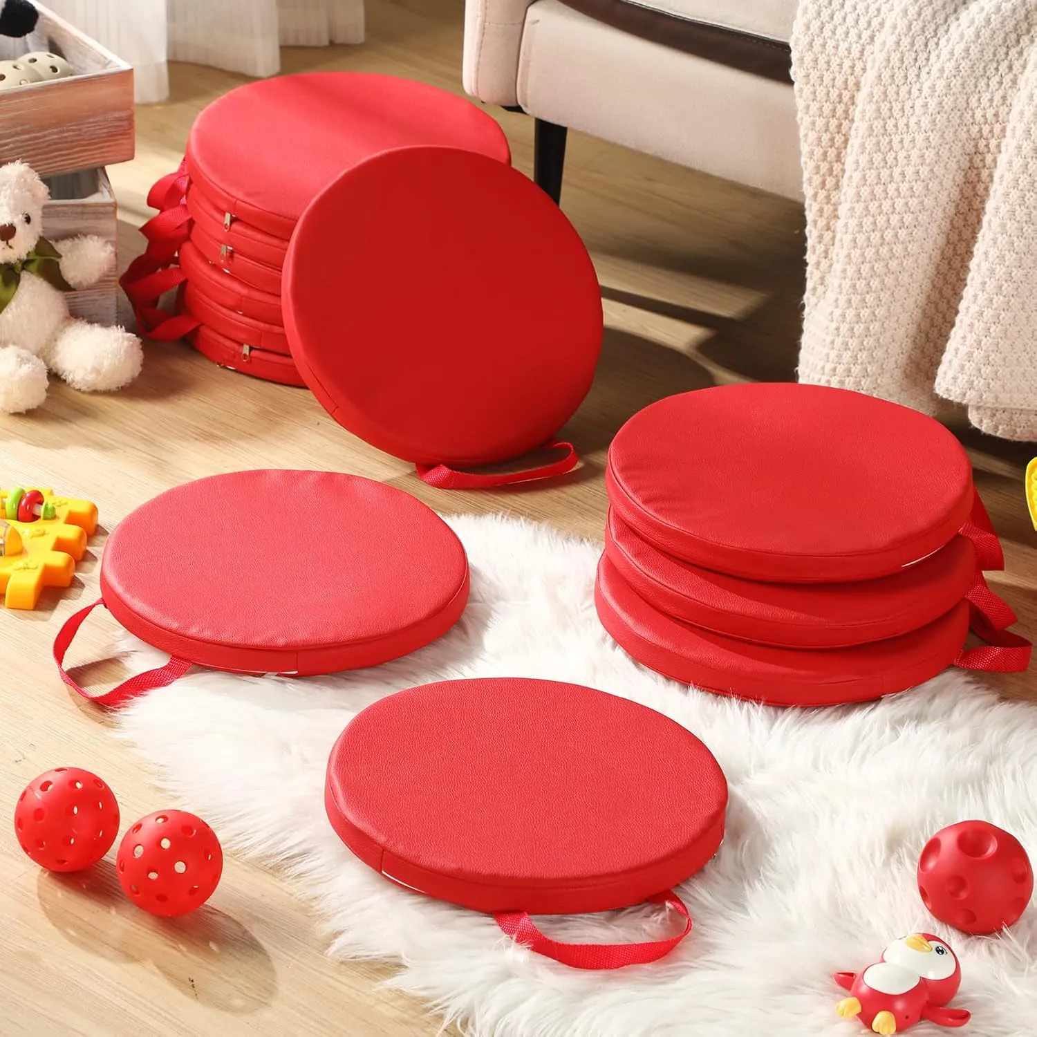 Suzile 12 Pcs 12'' Floor Cushions for Classroom Flexible Floor Seating with Handles Classroom Carpet Cushions for Kids Toddlers Daycare Preschool Furniture(Red,Round)