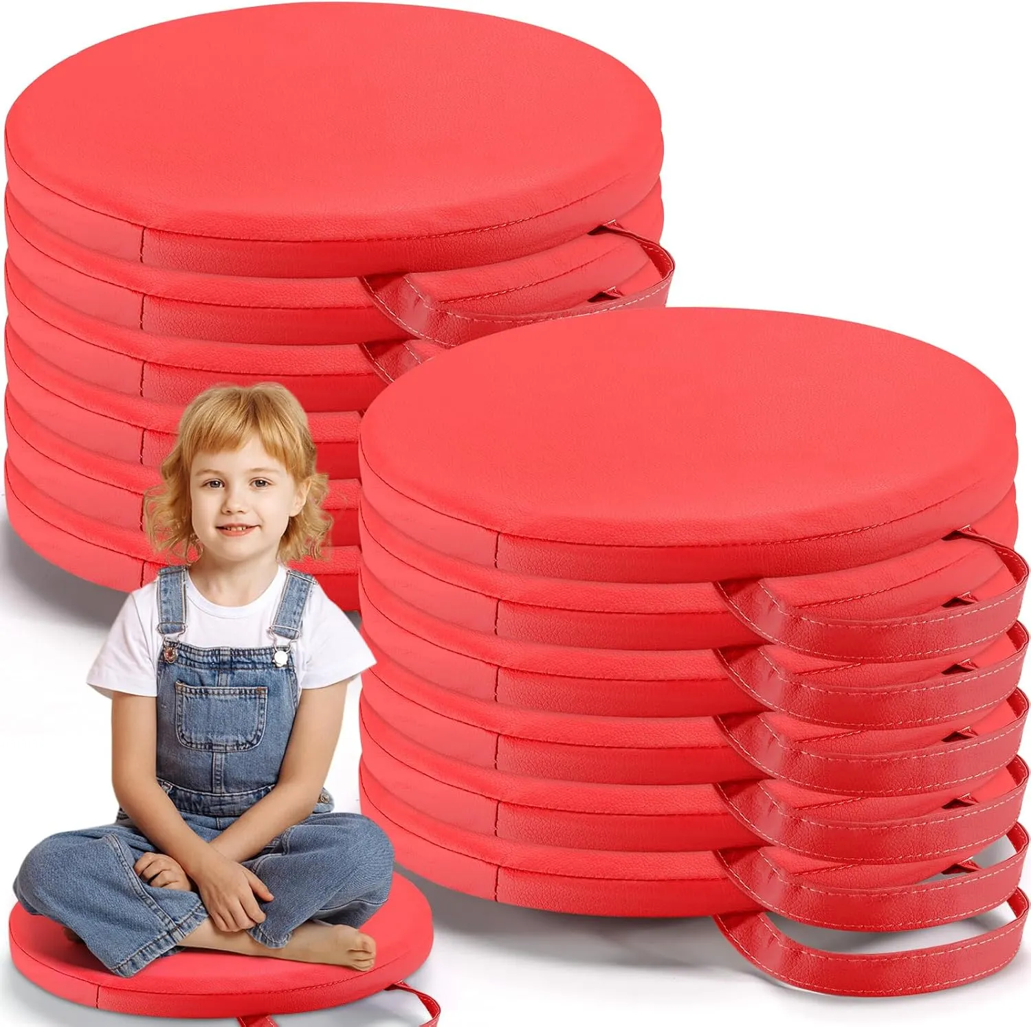 Suzile 12 Pcs 12'' Floor Cushions for Classroom Flexible Floor Seating with Handles Classroom Carpet Cushions for Kids Toddlers Daycare Preschool Furniture(Red,Round)