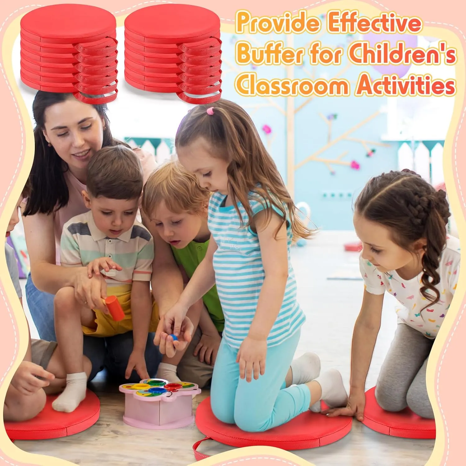 Suzile 12 Pcs 12'' Floor Cushions for Classroom Flexible Floor Seating with Handles Classroom Carpet Cushions for Kids Toddlers Daycare Preschool Furniture(Red,Round)