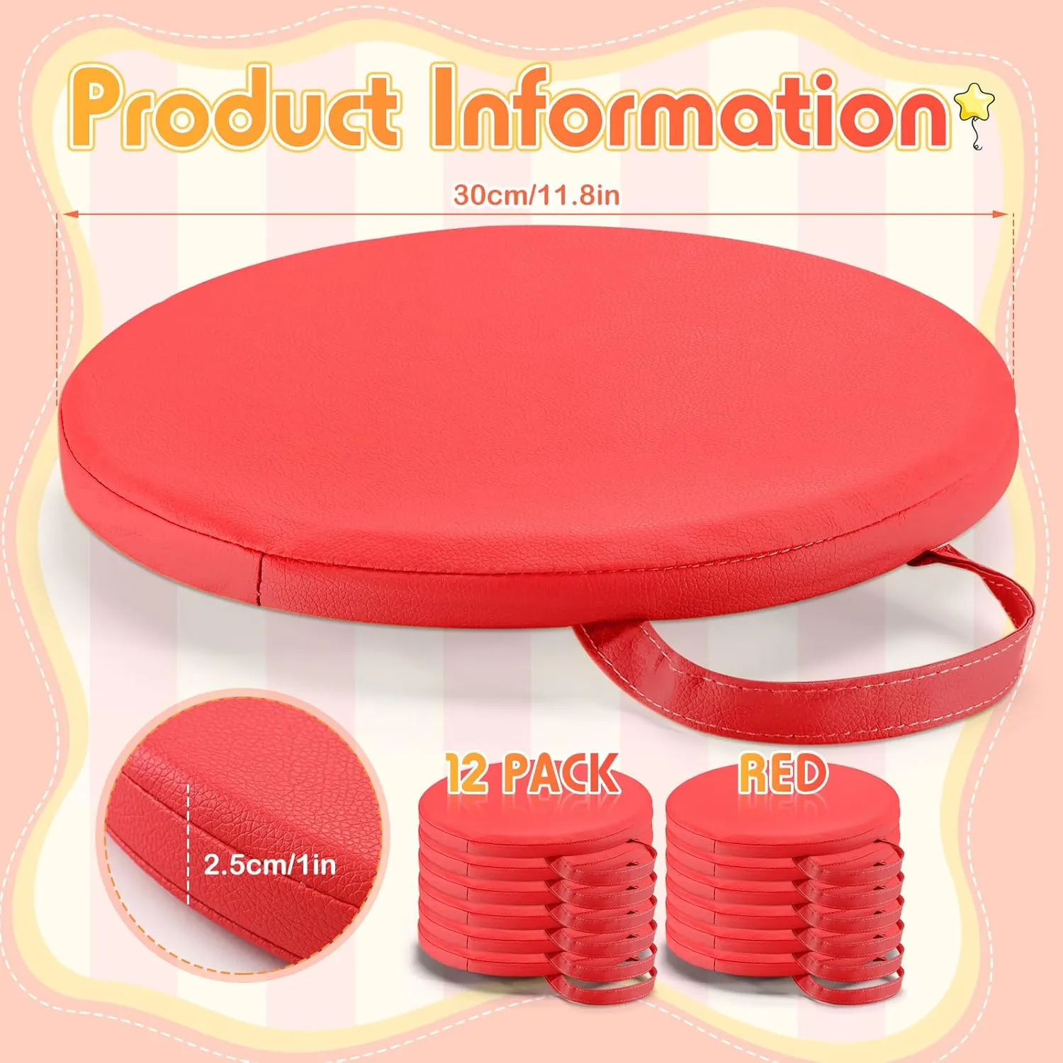 Suzile 12 Pcs 12'' Floor Cushions for Classroom Flexible Floor Seating with Handles Classroom Carpet Cushions for Kids Toddlers Daycare Preschool Furniture(Red,Round)