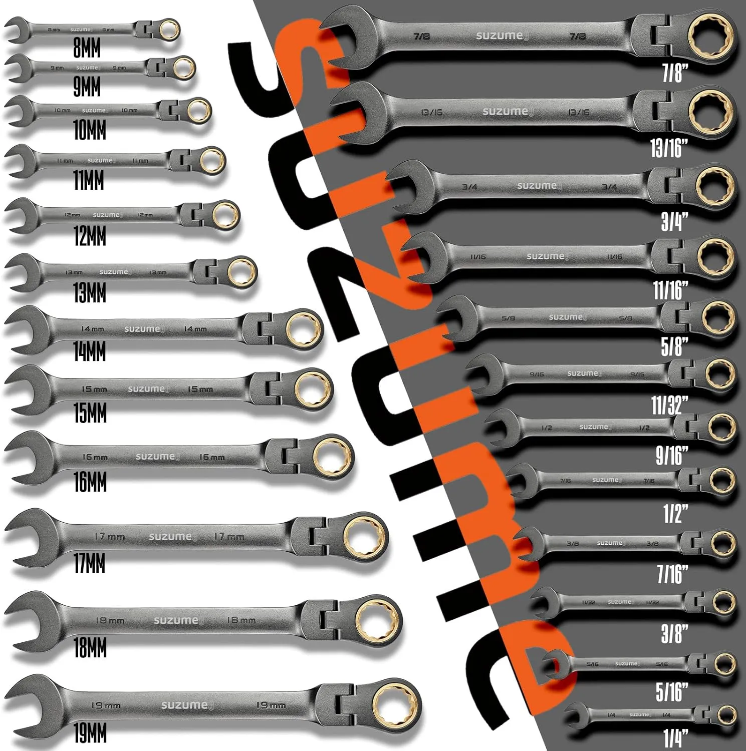 SUZUME 24-Piece Metric and SAE Flex Head Ratcheting Wrench Set 72 Teeth Cr-V Steel Ratcheting Wrench Set with 180° Flex Head Ratchet Wrenches Set For Auto,Machine Repair