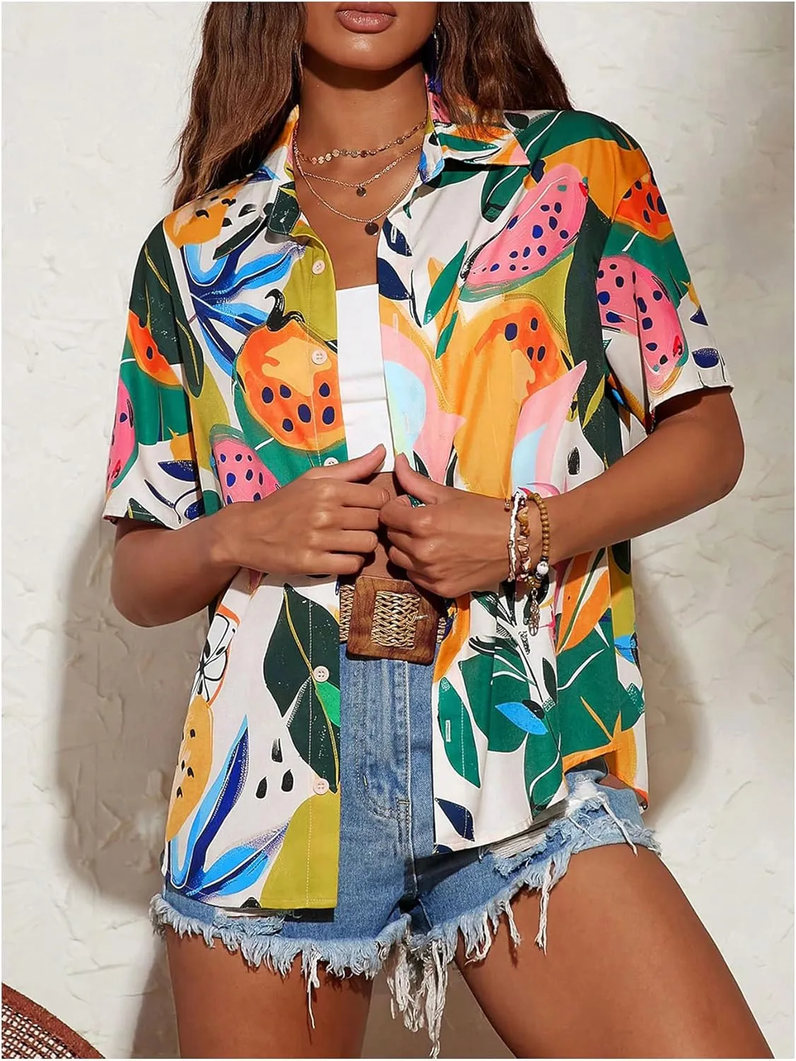 SweatyRocks Women's Short Sleeve Cute Print Button Down Shirt Tops
