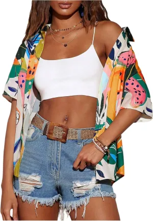 SweatyRocks Women's Short Sleeve Cute Print Button Down Shirt Tops