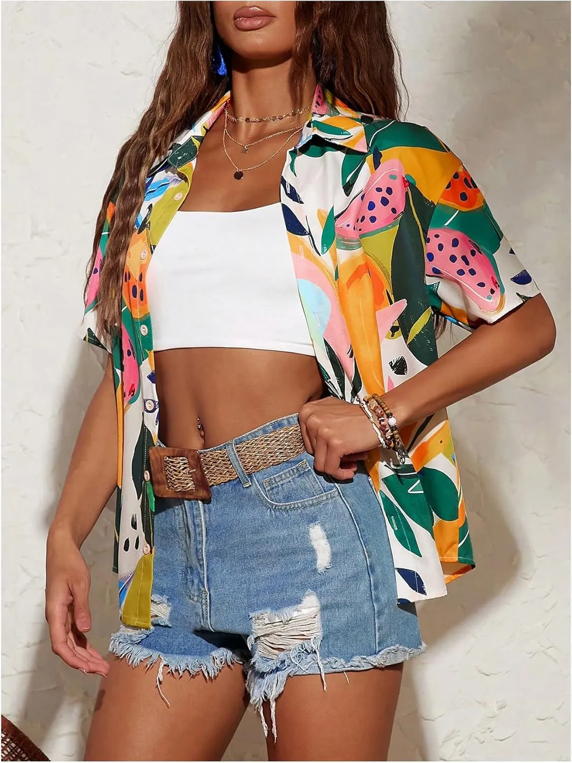 SweatyRocks Women's Short Sleeve Cute Print Button Down Shirt Tops