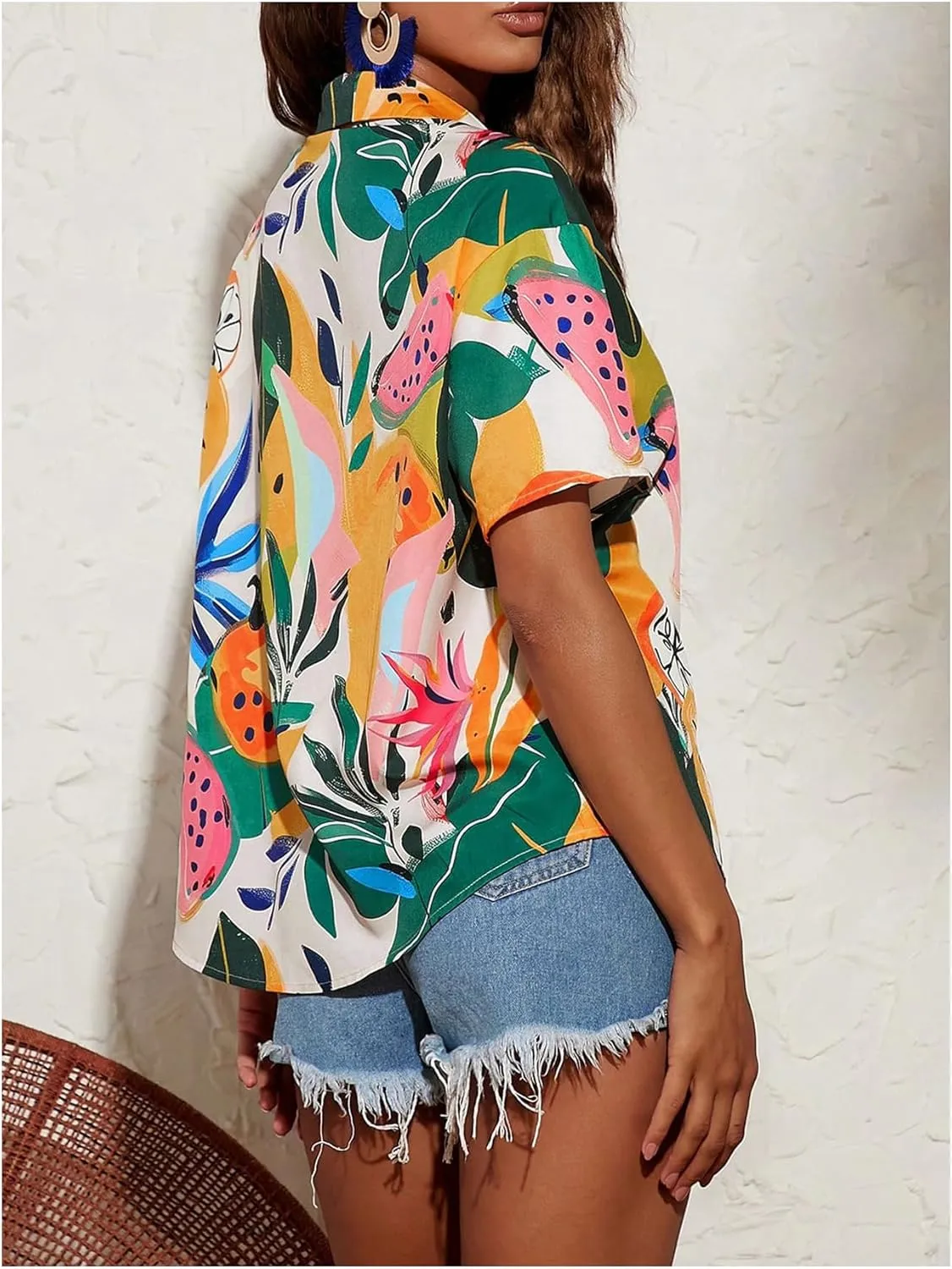 SweatyRocks Women's Short Sleeve Cute Print Button Down Shirt Tops