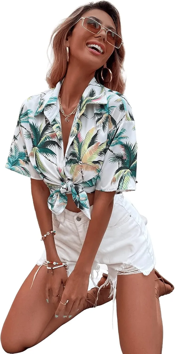 SweatyRocks Women's Short Sleeve Cute Print Button Down Shirt Tops