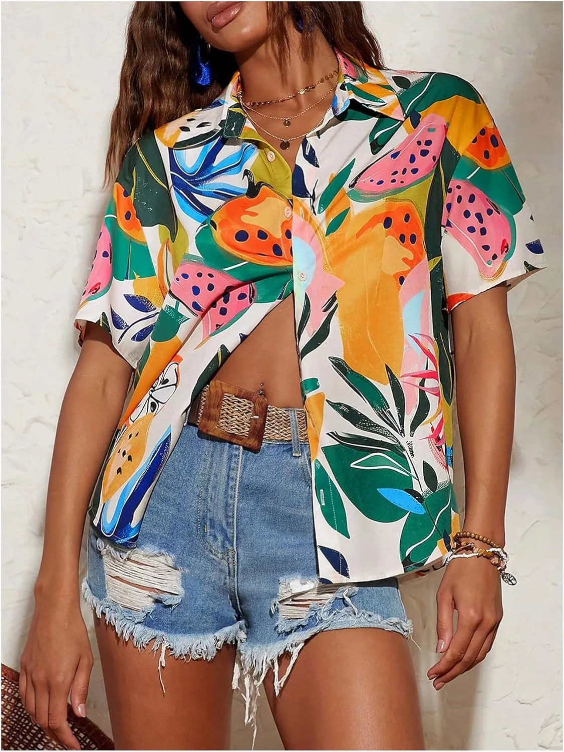 SweatyRocks Women's Short Sleeve Cute Print Button Down Shirt Tops