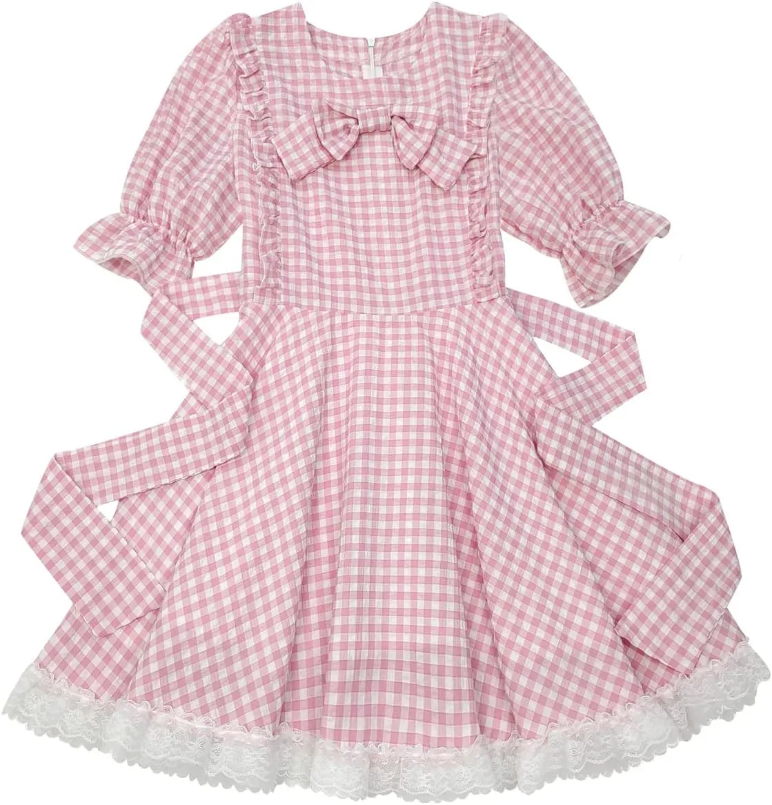 Sweet Lolita Dress Teens Princess Casual Kawaii Plaid Ruffle Lace Puff Sleeve Bandage Bow Short Dresses