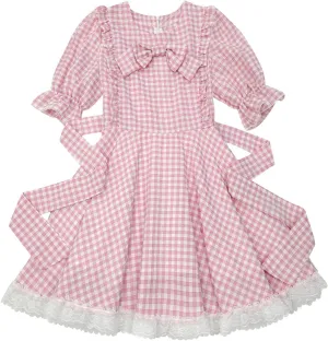 Sweet Lolita Dress Teens Princess Casual Kawaii Plaid Ruffle Lace Puff Sleeve Bandage Bow Short Dresses