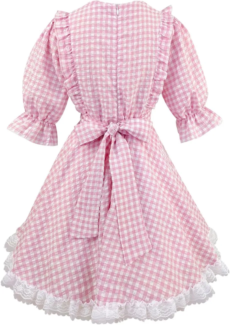 Sweet Lolita Dress Teens Princess Casual Kawaii Plaid Ruffle Lace Puff Sleeve Bandage Bow Short Dresses