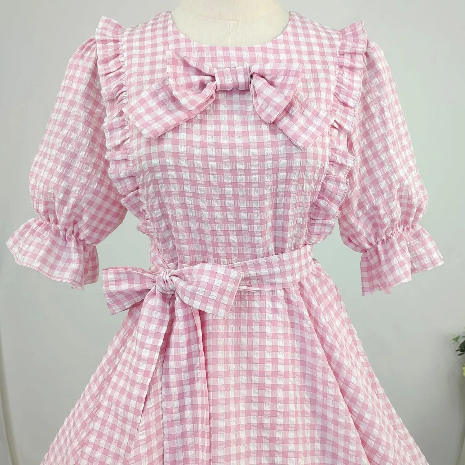 Sweet Lolita Dress Teens Princess Casual Kawaii Plaid Ruffle Lace Puff Sleeve Bandage Bow Short Dresses