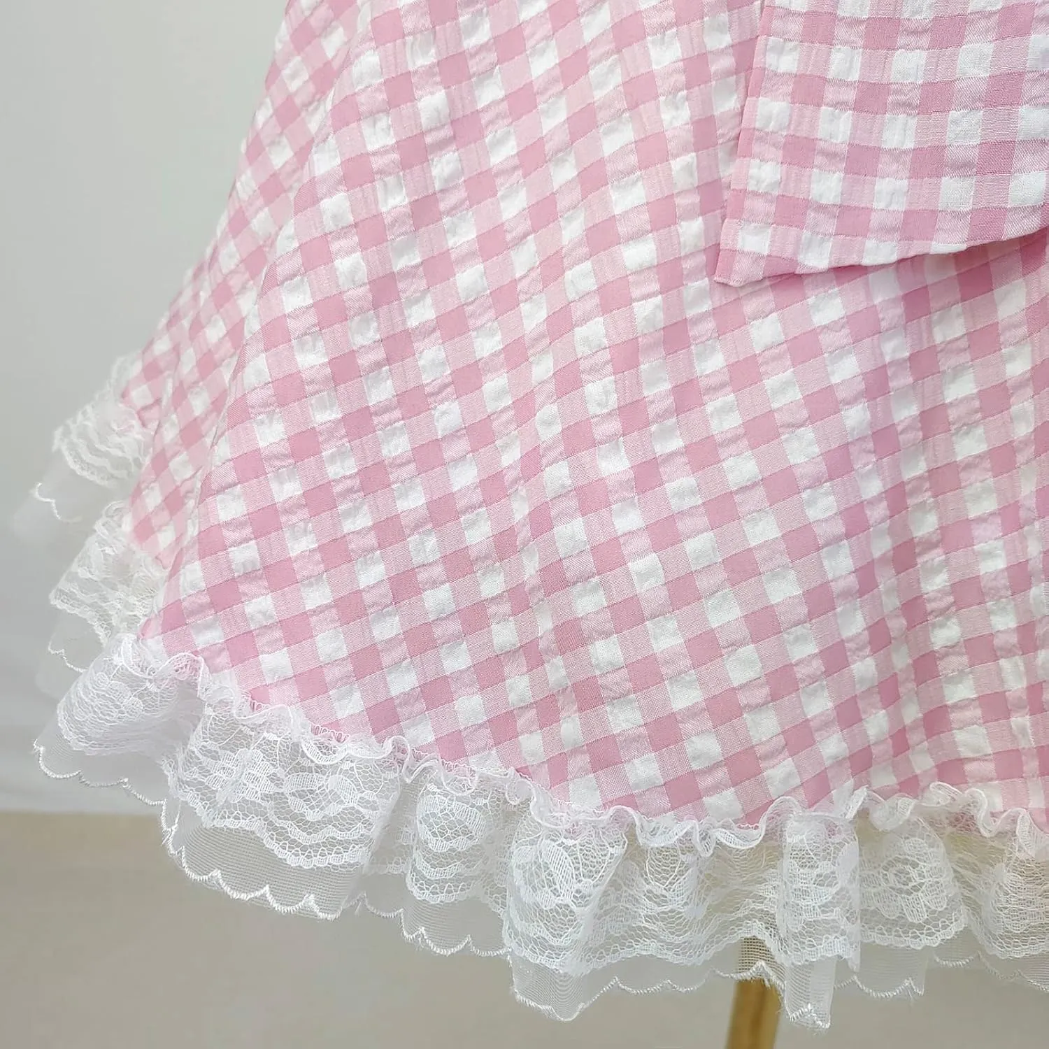 Sweet Lolita Dress Teens Princess Casual Kawaii Plaid Ruffle Lace Puff Sleeve Bandage Bow Short Dresses