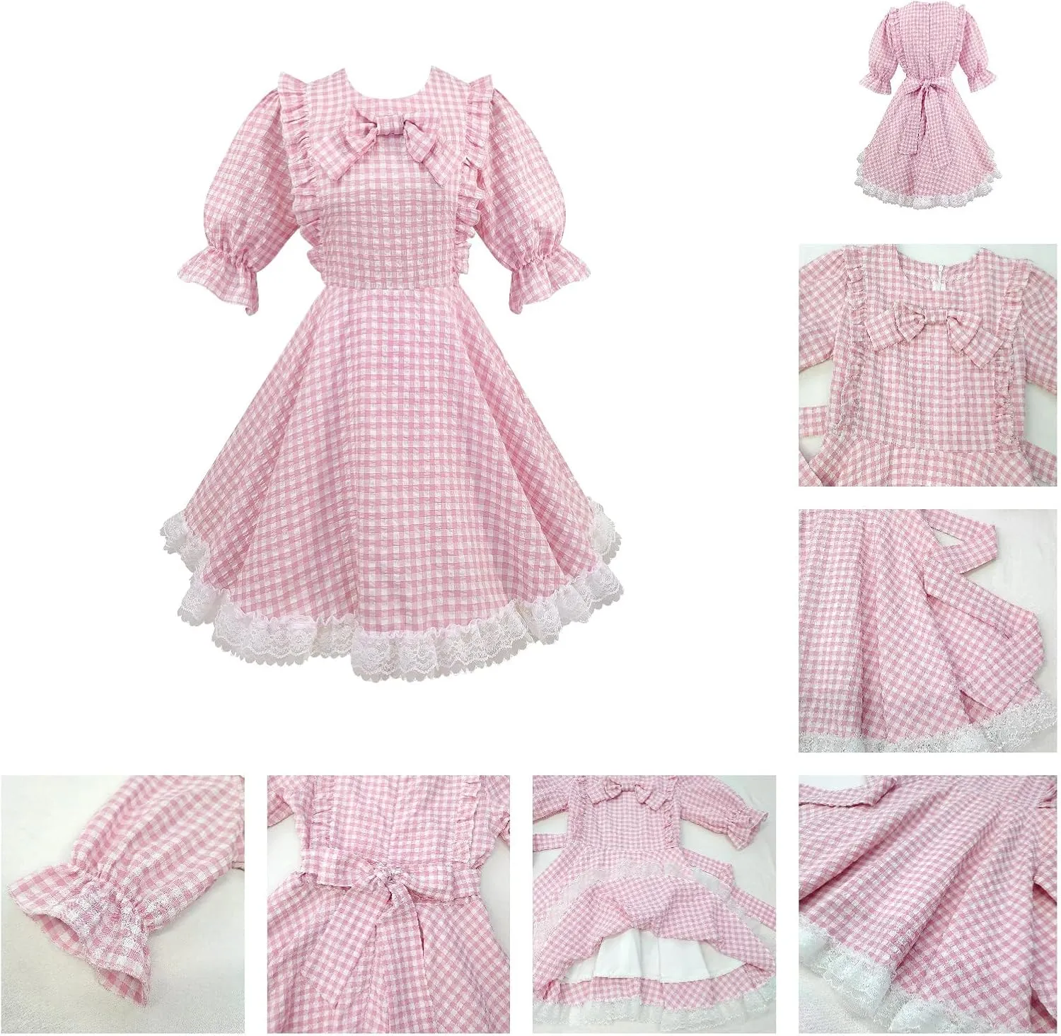 Sweet Lolita Dress Teens Princess Casual Kawaii Plaid Ruffle Lace Puff Sleeve Bandage Bow Short Dresses