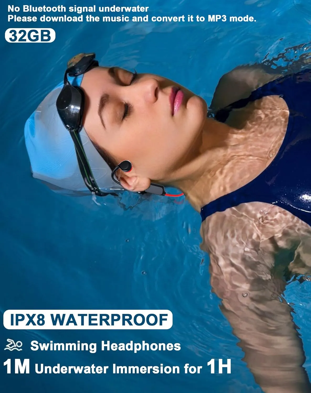 Swimming Waterproof Bone Conduction Headphones Bluetooth 5.3 lPX8 Underwater Waterproof Headphones for Swimming with 32GB MP3 Player Built in Earbuds for Sport Running Cycling Gym (Pudark)
