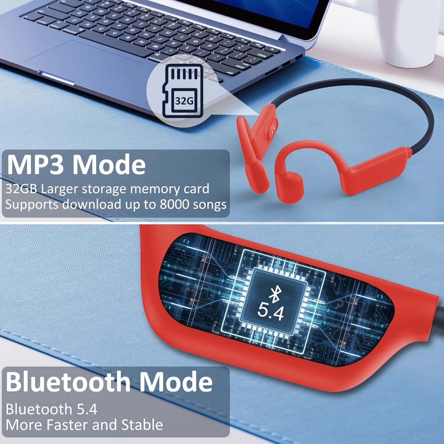 Swimming Headphones-Bone Conduction Headphones, IP68 Waterproof Open Earphones, Bluetooth 5.4 Underwater Sport Earbuds with 32 GB MP3 Memory for Swimming, Running, Cycling, Gym-Orange