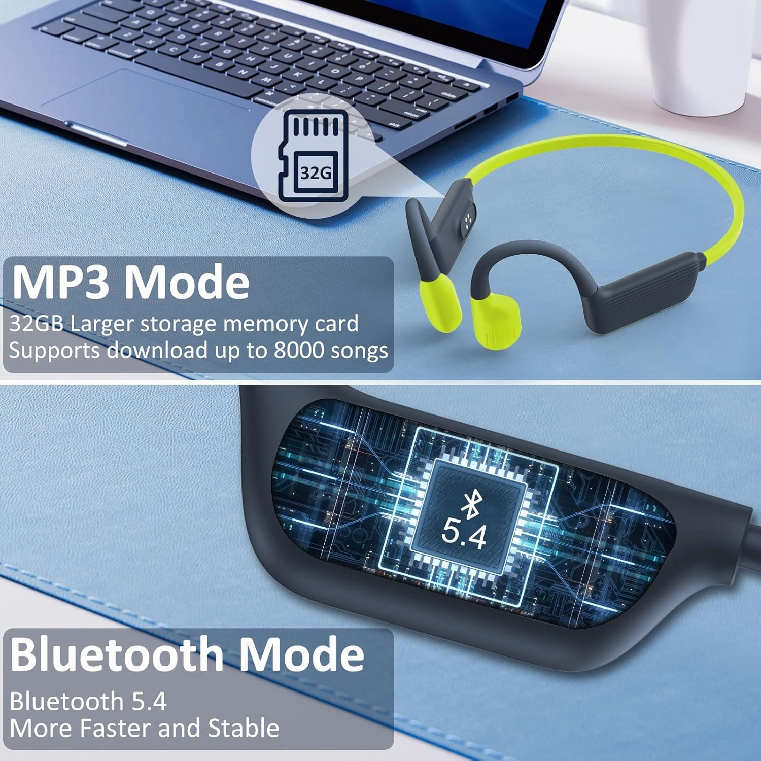 Swimming Headphones-Bone Conduction Headphones, IP68 Waterproof Open Earphones, Bluetooth 5.4 Underwater Sport Earbuds with 32 GB MP3 Memory for Swimming, Running, Cycling, Gym-Yellow