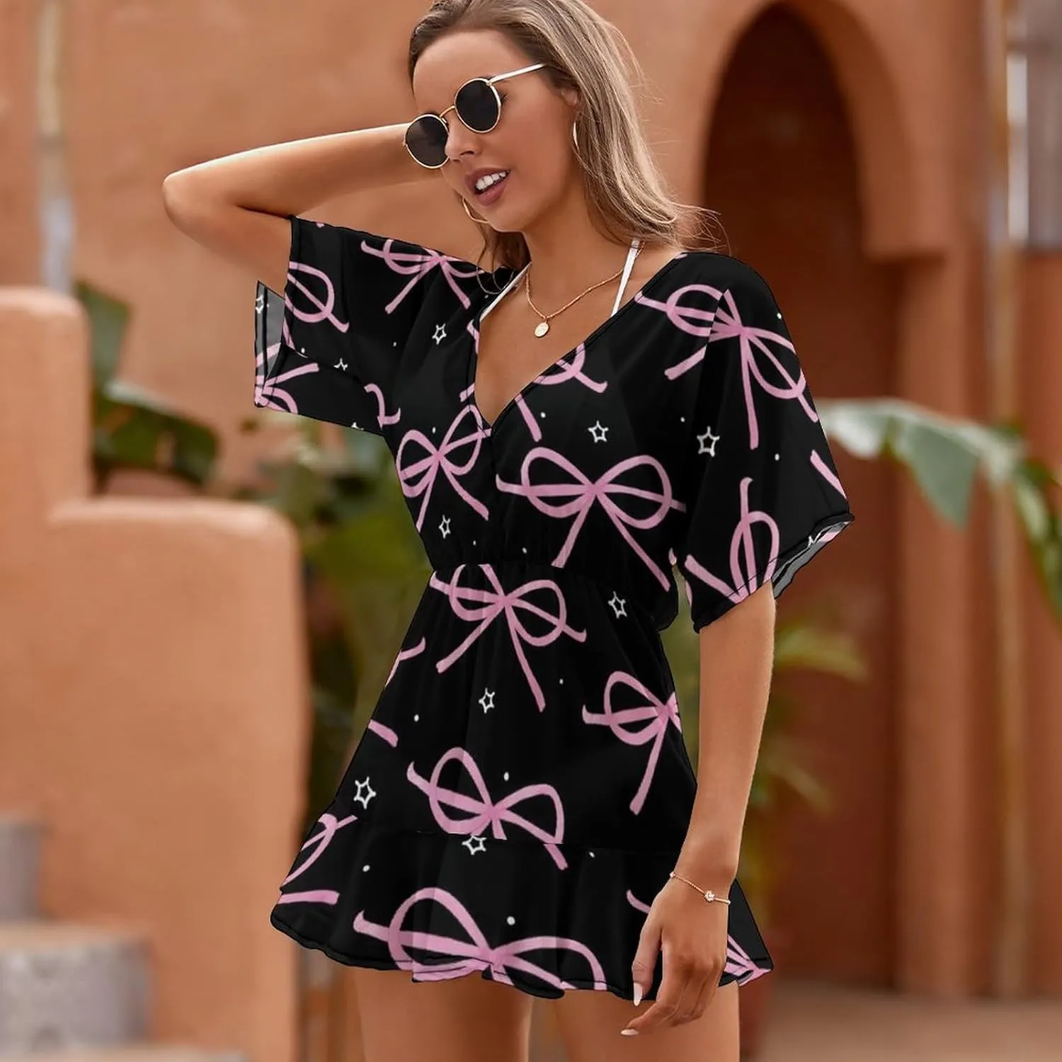 Swimsuit Cover Ups for Women Whimsical Disco Ball Deep V-Neck Bikini Beach Coverups Dress