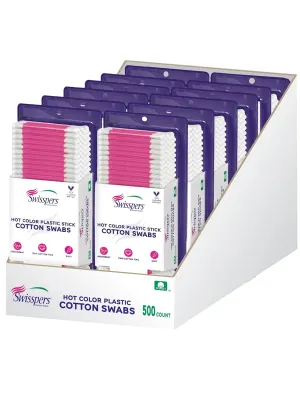 Swisspers Hot Color Cotton Swabs, 100% Cotton Double-Sided, Color Plastic Sticks, 500 per Pack, 12 Packs (6000 Swabs Total)