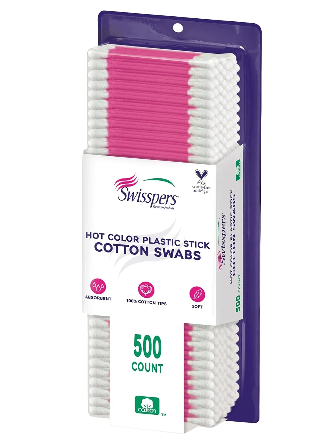 Swisspers Hot Color Cotton Swabs, 100% Cotton Double-Sided, Color Plastic Sticks, 500 per Pack, 12 Packs (6000 Swabs Total)