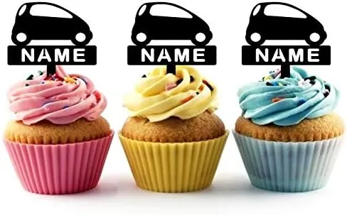 TA0616 Mini City Car Silhouette Party Wedding Birthday Acrylic Cupcake Toppers Decor 10 pcs with Personalized Your Name