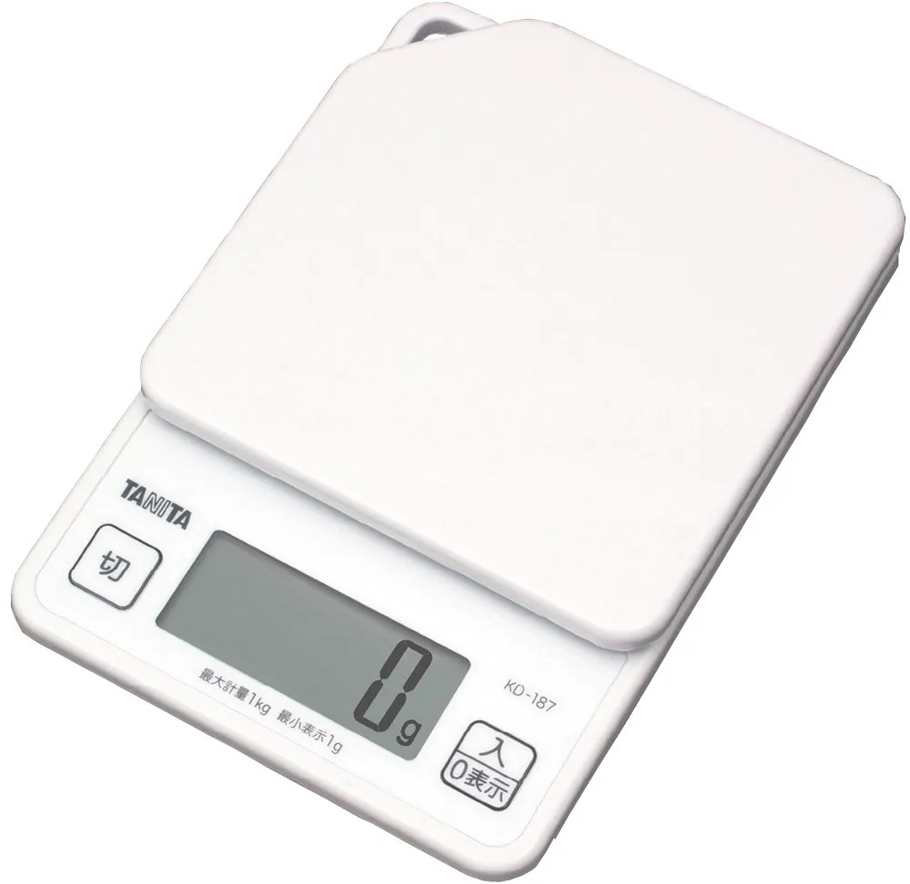 Tanita KD-187 WH Cooking Scale, 0.3 oz (1 g) Units of Up to 2.2 lbs (1 kg), Includes Hook Holes for Convenient Storage, White, Kitchen Scale, Cooking, Digital