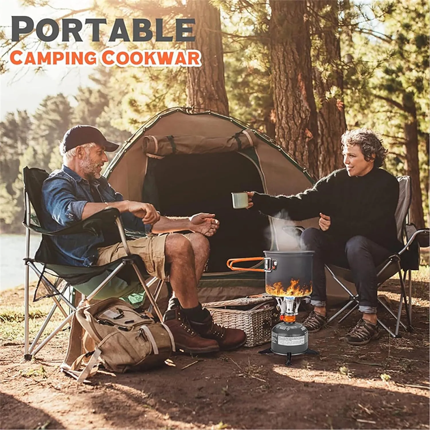 TARSHYRY 8pcs Camping Cookware Set,Folding Camping Stove Lightweight Pot Pan Set with Stainless Steel Cup and Fork Spoon for Outdoors Cooking Camping Hiking Picnic Backpacking