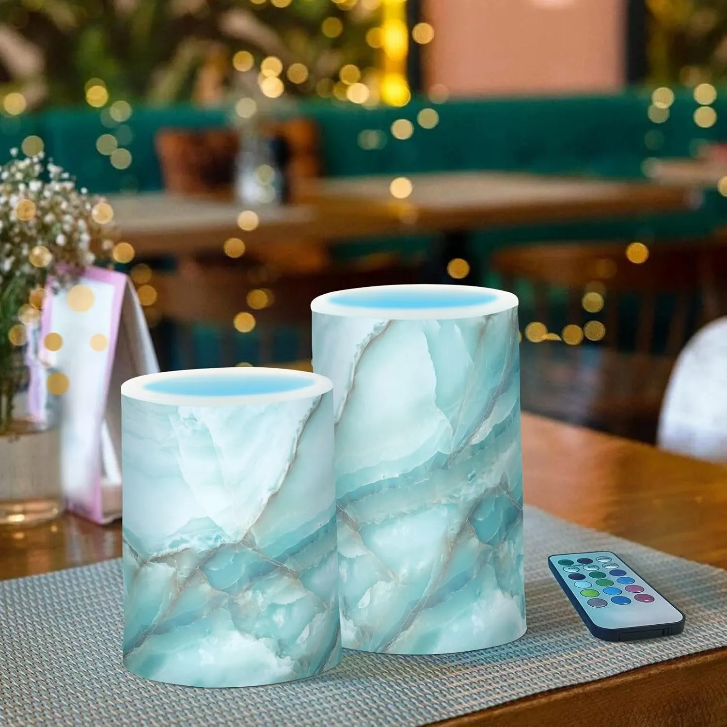 Teal White Marble Flameless Candles with Remote and Timer Pillar Candles Set of 2 Flickering Led Battery Operated Candles for Halloween Christmas Wedding Decor