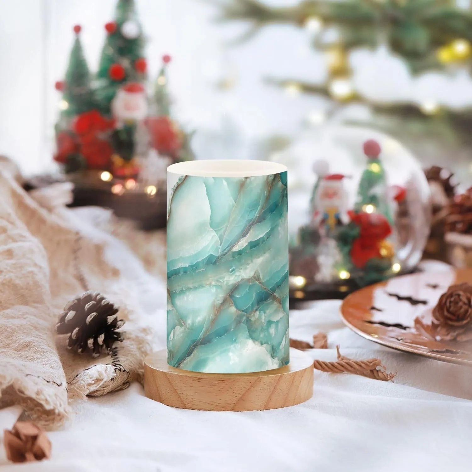 Teal White Marble Flameless Candles with Remote and Timer Pillar Candles Set of 2 Flickering Led Battery Operated Candles for Halloween Christmas Wedding Decor