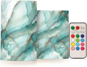 Teal White Marble Flameless Candles with Remote and Timer Pillar Candles Set of 2 Flickering Led Battery Operated Candles for Halloween Christmas Wedding Decor