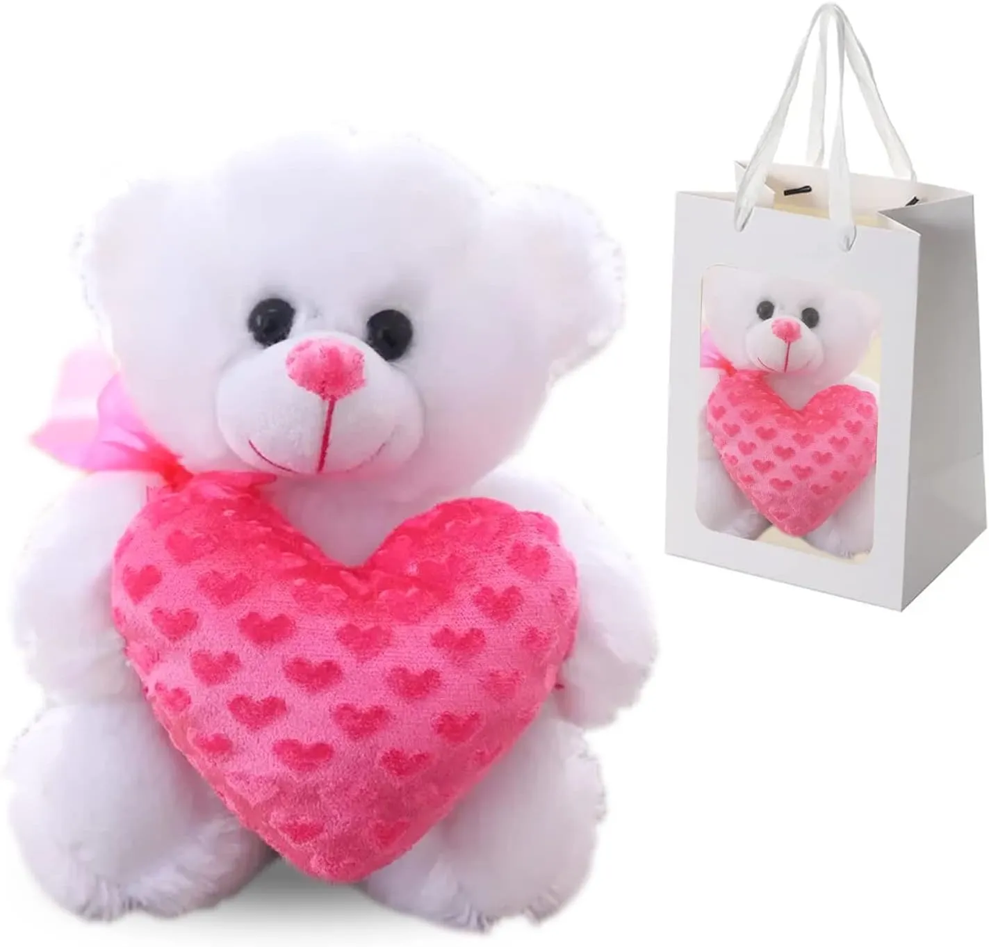 Teddy Bear - Holding Heart, Plush, Soft, Doll - Gift for Valentine’s Day,Girlfriend, Kids, Birthday, Christmas, 14’’ White – with Transparent Gift Bag