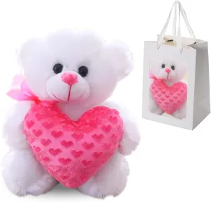 Teddy Bear - Holding Heart, Plush, Soft, Doll - Gift for Valentine’s Day,Girlfriend, Kids, Birthday, Christmas, 14’’ White – with Transparent Gift Bag