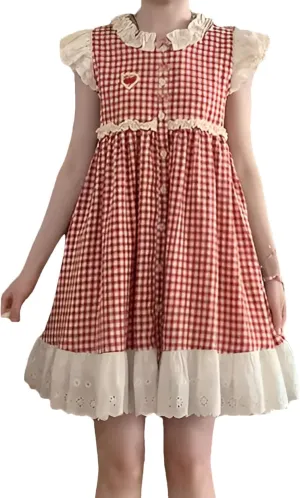 Teens Vintage Plaid Babydoll Mini Dress Cute Bow Decor Button Up Ruffle Sleeveless A Line Casual Summer Junior Dresses