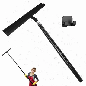 Telescopic Black Shower Squeegee for Glass Doors, Tile Shower Walls, and Bathroom - 13.19x43.13 Inch - Includes Suction Hook, Ideal Squeegee for Shower Glass