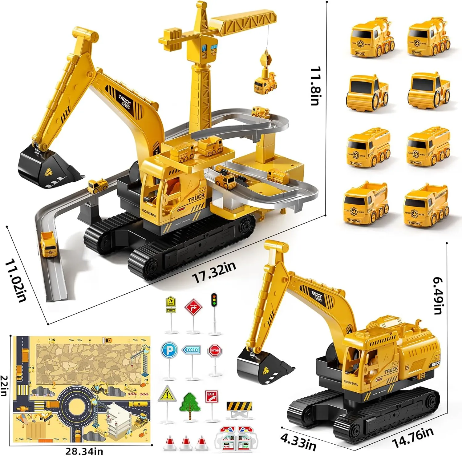 TEMI Construction Truck Toys - Engineering Digger Race Tracks, Kids Excavator Crane Toys for 3-7 Year Olds, Gifts for Boys & Girls Aged 4-6