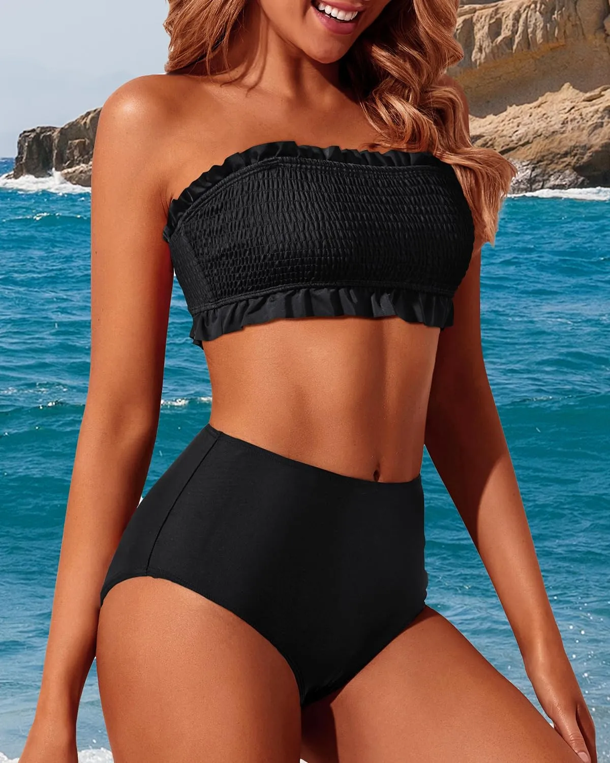 Tempt Me Women Bandeau High Waisted Bikini Sets Smocked Swimsuit Strapless Two Piece Bathing Suit