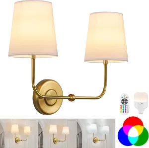 TERLEENART Battery Operated Double Wall Sconce, Wireless Rechargeable Battery Powered 2-Lights Fabric Sconces with Remote Control,Dimmable Sconce Wall Decor Lights for Vanity,Bedroom, Living Room
