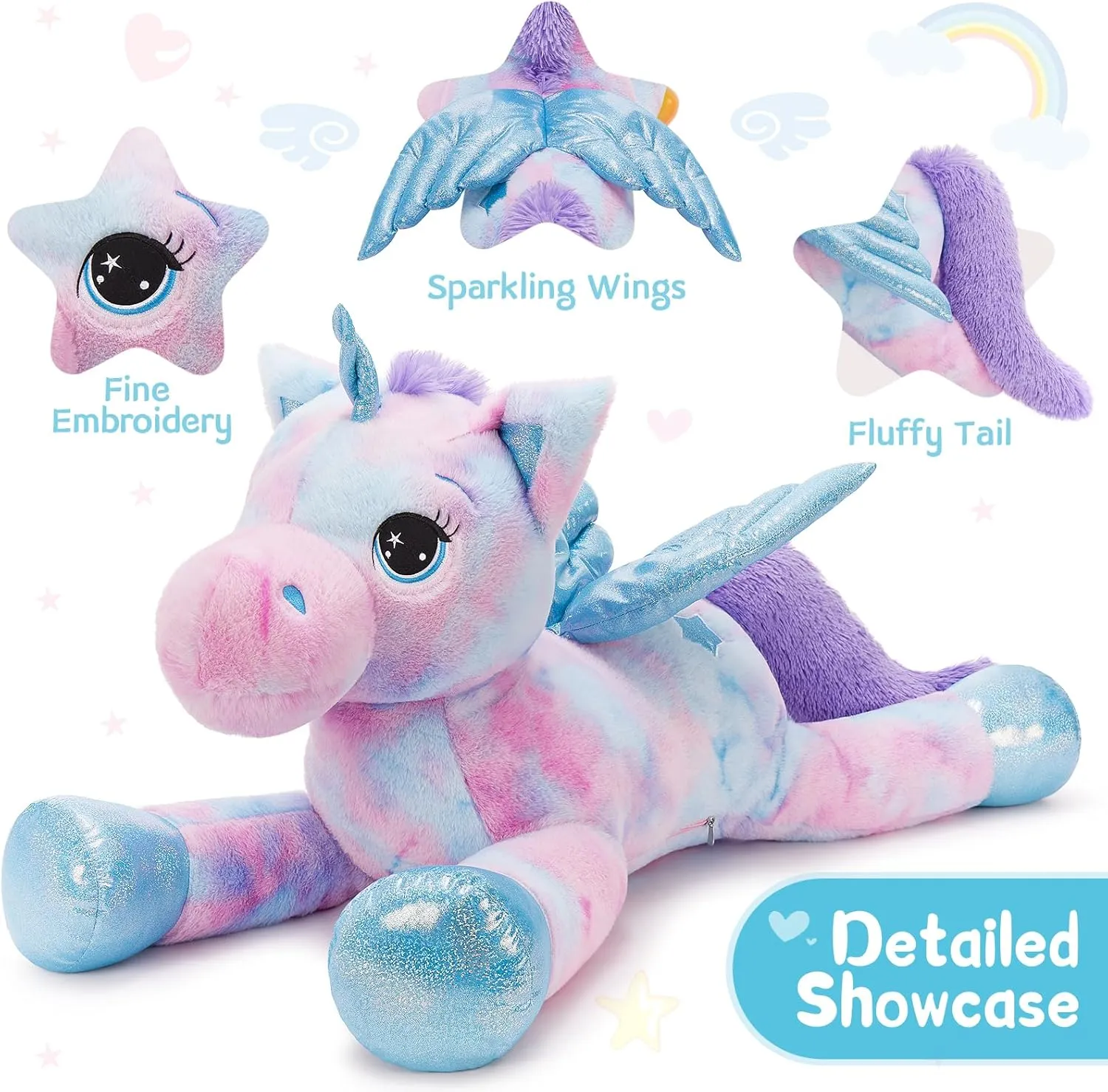Tezituor 43in Rainbow Purple Unicorn Stuffed Animal with Wing, Giant Stuffed Unicorn Plush Toys for Girls and Women, Plush Gifts for Valentines Day, Christmas, Birthday and Party