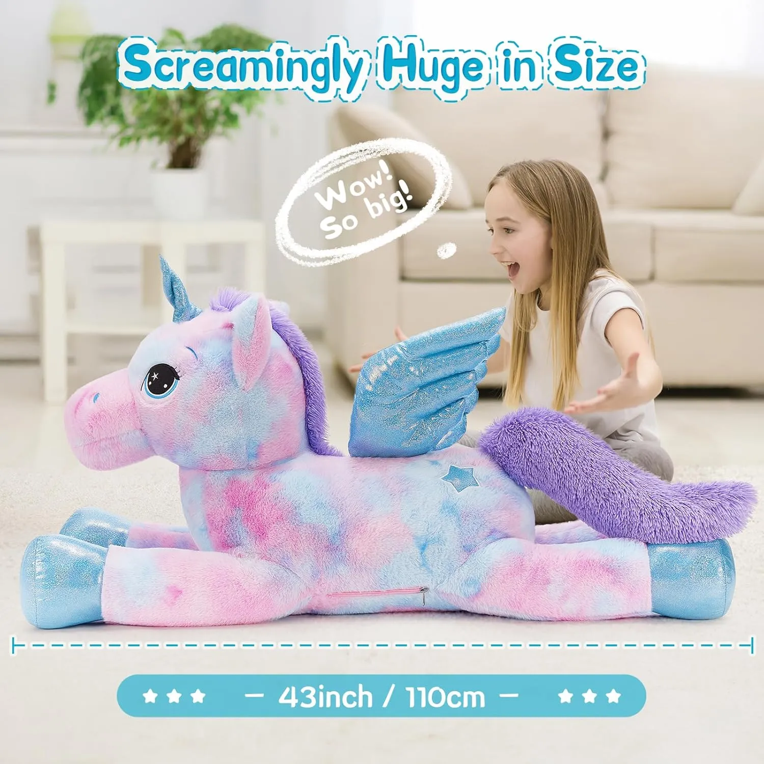 Tezituor 43in Rainbow Purple Unicorn Stuffed Animal with Wing, Giant Stuffed Unicorn Plush Toys for Girls and Women, Plush Gifts for Valentines Day, Christmas, Birthday and Party
