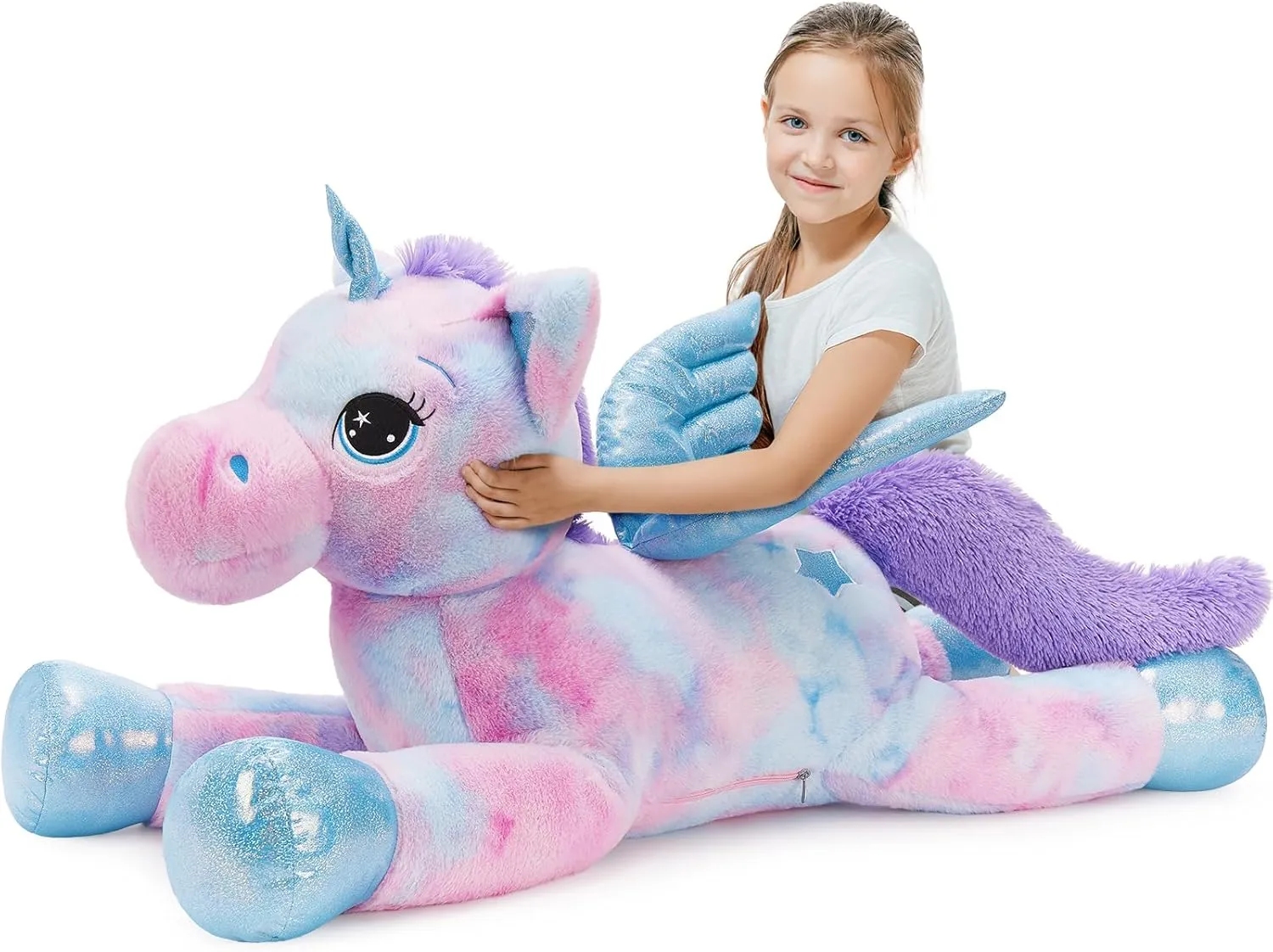 Tezituor 43in Rainbow Purple Unicorn Stuffed Animal with Wing, Giant Stuffed Unicorn Plush Toys for Girls and Women, Plush Gifts for Valentines Day, Christmas, Birthday and Party
