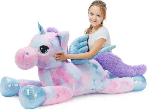 Tezituor 43in Rainbow Purple Unicorn Stuffed Animal with Wing, Giant Stuffed Unicorn Plush Toys for Girls and Women, Plush Gifts for Valentines Day, Christmas, Birthday and Party