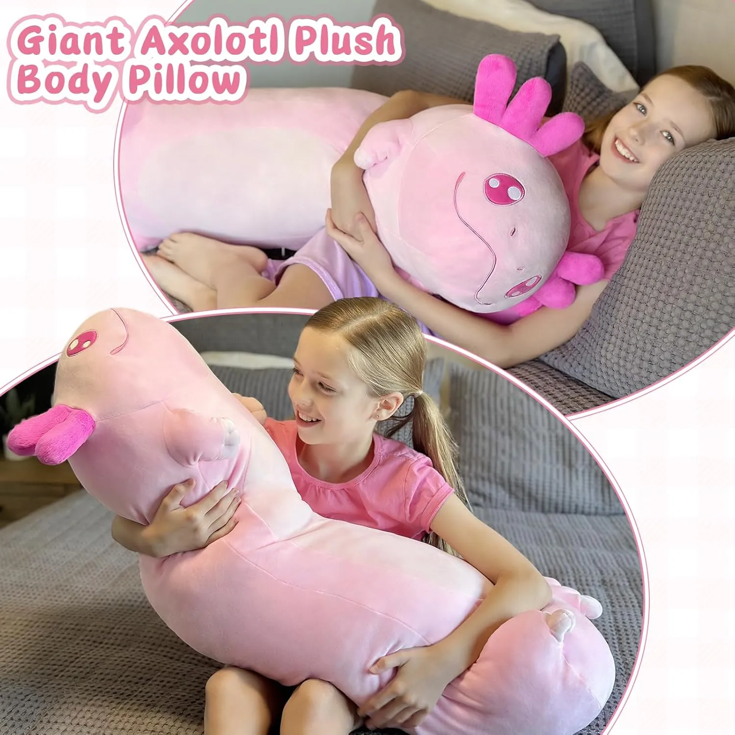 Tezituor Long Axolotl Plush Body Pillow, 39.5 Inches Giant Pink Axolotl Stuffed Animal Soft Hugging Pillow Big Salamander Toys for Girls Kids Birthday Gifts