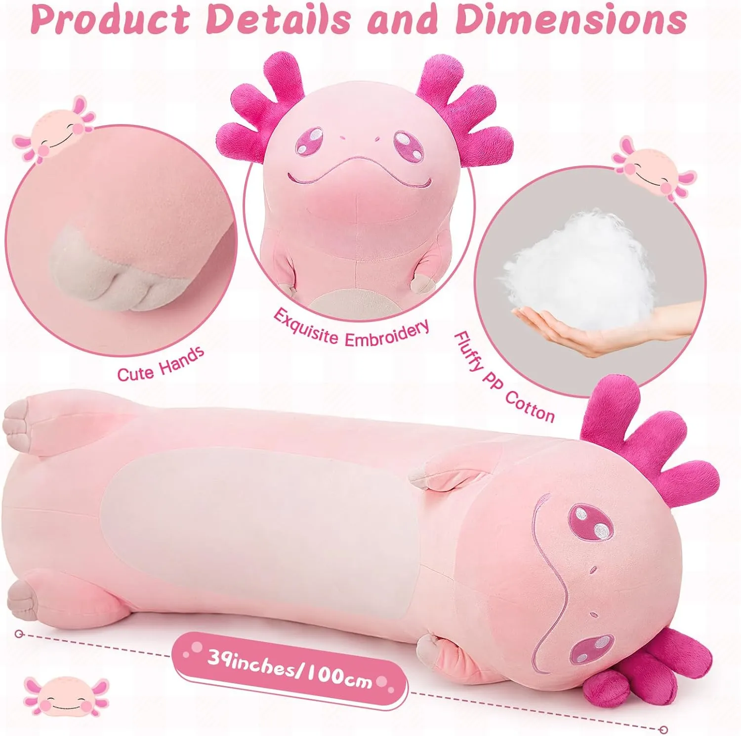 Tezituor Long Axolotl Plush Body Pillow, 39.5 Inches Giant Pink Axolotl Stuffed Animal Soft Hugging Pillow Big Salamander Toys for Girls Kids Birthday Gifts